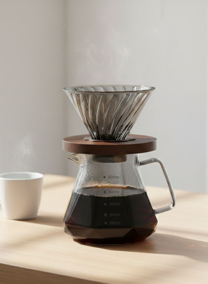 1Chase Smoky Grey Pour Over Coffee Maker 600ML Borosilicate Glass Carafe with Walnut Handle & Glass Lid - Image 1